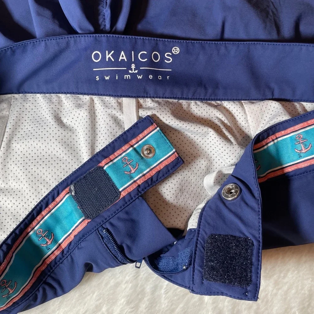 Okaicos Mens Navy Blue‎ Anchor Waistband Swim Trunks Board Shorts Sz 32 Coastal